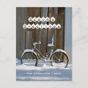 Season's Greetings - Old Bicycle Covered in Snow Holiday Postcard