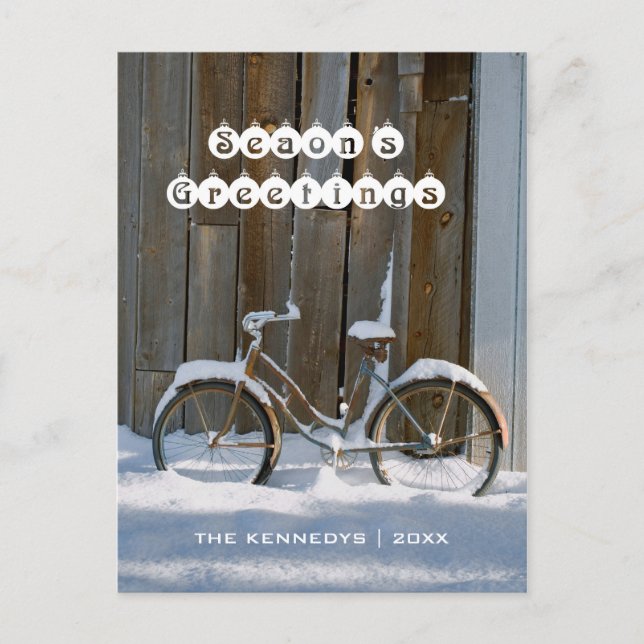 Season's Greetings - Old Bicycle Covered in Snow Holiday Postcard (Front)