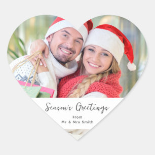 Seasons Greetings One Photo Christmas Heart Sticker