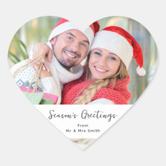 Seasons Greetings One Photo Christmas Heart Sticker