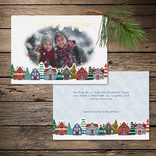 Season's Greetings Photo Boho Christmas Village Foil Holiday Card