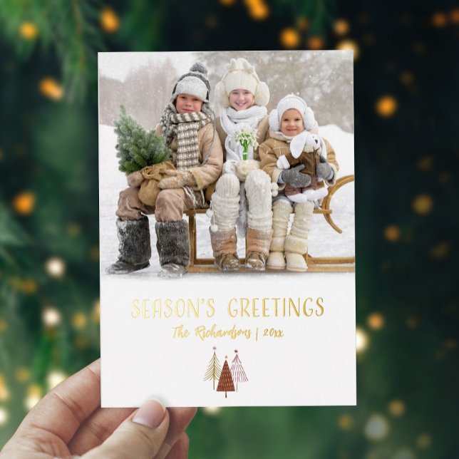 Seasons Greetings Photo Elegant Gold Script Modern Foil Holiday Card (Creator Uploaded)