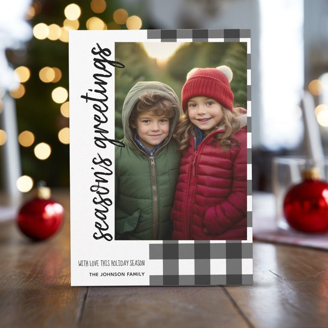 Season's Greetings Photo White Black Buffalo Plaid Holiday Card (Buffalo Plaid in white and black with 1 photo - online christmas card)