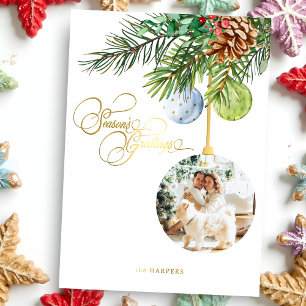 Season's Greetings Pine Christmas Ornament Photo Foil Holiday Card