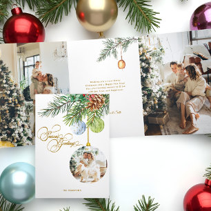 Season's Greetings Pine Christmas Ornament Photo Tri-Fold Holiday Card