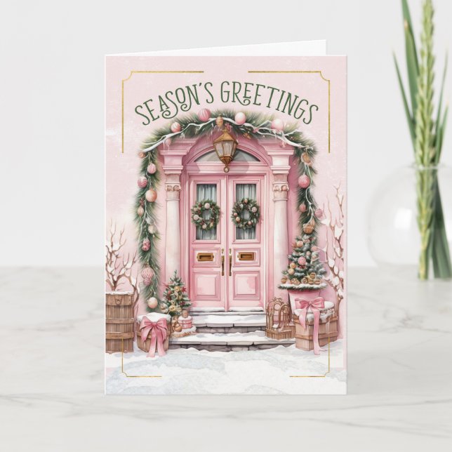 Season's Greetings Pink and Green Christmas Holiday Card (Front)