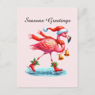 Seasons greetings pink flamingo  holiday postcard