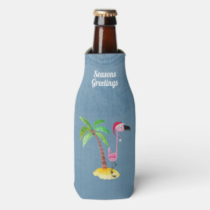 Seasons Greetings Pink Flamingo in Santa Hat Bottle Cooler