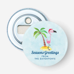 Seasons Greetings Pink Flamingo in Santa Hat Bottle Opener