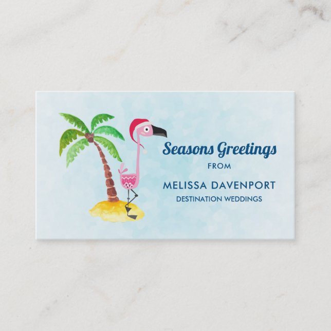 Seasons Greetings Pink Flamingo in Santa Hat Business Card (Front)