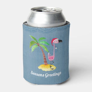 Seasons Greetings Pink Flamingo in Santa Hat Can Cooler