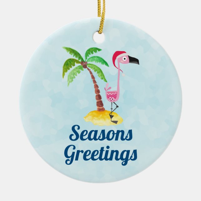 Seasons Greetings Pink Flamingo in Santa Hat Ceramic Tree Decoration (Front)