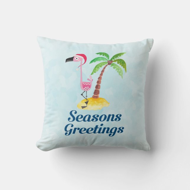 Seasons Greetings Pink Flamingo in Santa Hat Cushion (Front)