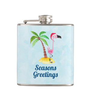 Seasons Greetings Pink Flamingo in Santa Hat Hip Flask