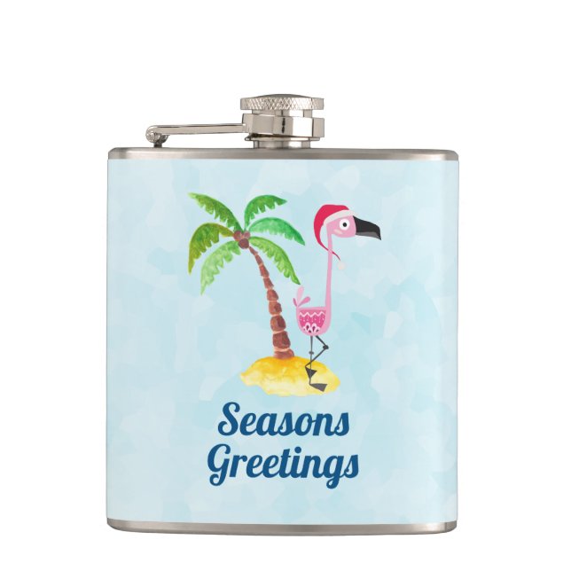 Seasons Greetings Pink Flamingo in Santa Hat Hip Flask (Front)