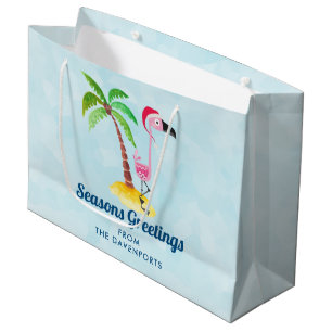 Seasons Greetings Pink Flamingo in Santa Hat Large Gift Bag