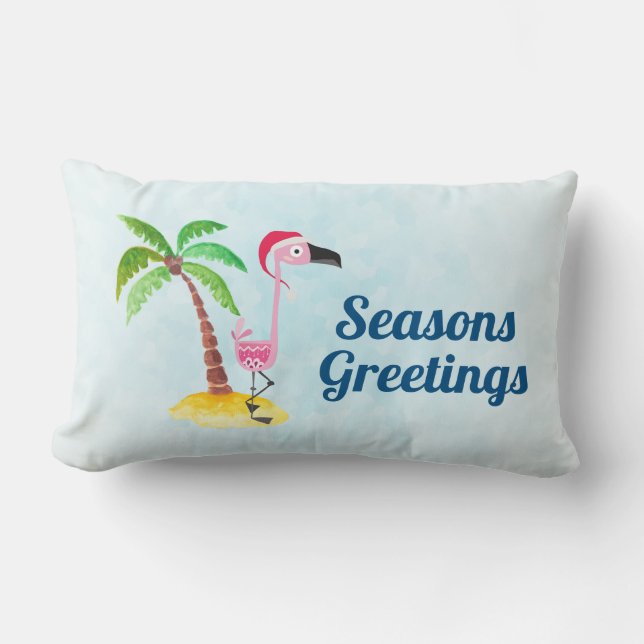 Seasons Greetings Pink Flamingo in Santa Hat Lumbar Cushion (Front)