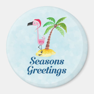 Seasons Greetings Pink Flamingo in Santa Hat Magnet