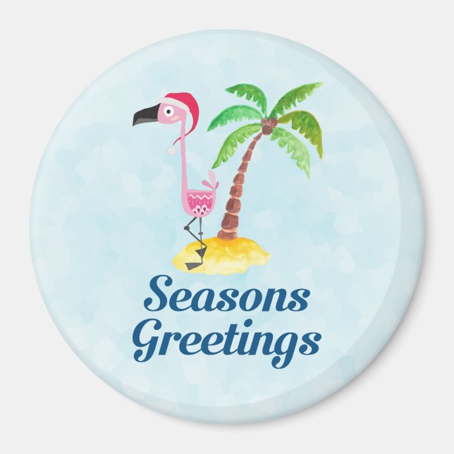 Seasons Greetings Pink Flamingo in Santa Hat Magnet (Front)