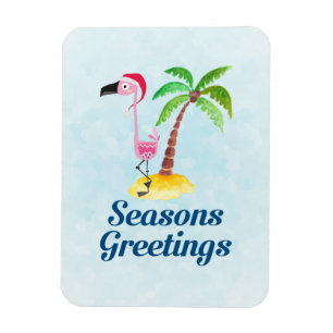 Seasons Greetings Pink Flamingo in Santa Hat Magnet