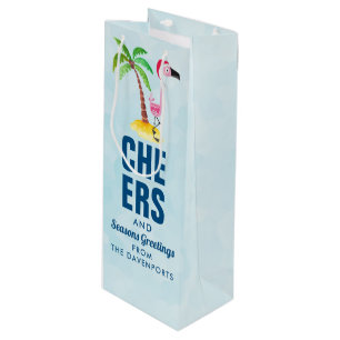Seasons Greetings Pink Flamingo in Santa Hat Wine Gift Bag