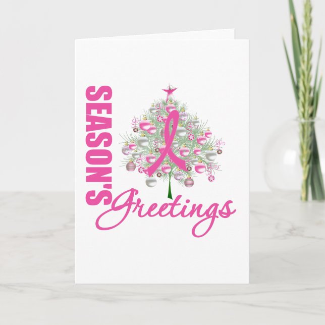Season's Greetings Pink Ribbon Tree Holiday Card (Front)