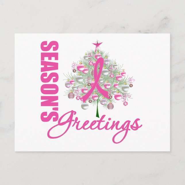 Season's Greetings Pink Ribbon Tree Holiday Postcard (Front)