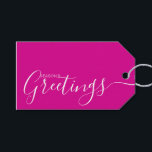 Season's Greetings Pink White Minimalist Gift Tag<br><div class="desc">This minimalist and elegant gift tag features white Season's Greetings text on the front side and on the back side personalise it with your name or family name. The background is in hot pink colour.</div>