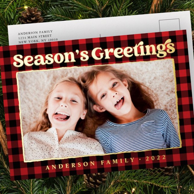 Season's Greetings Plaid Pattern Family Photo Foil Holiday Postcard (Creator Uploaded)