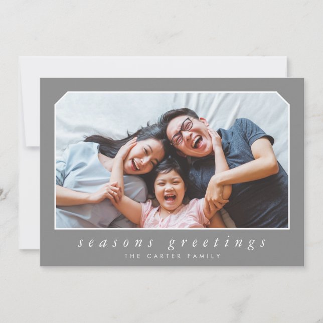 SEASONS GREETINGS plain simple italic framed grey Holiday Card (Front)