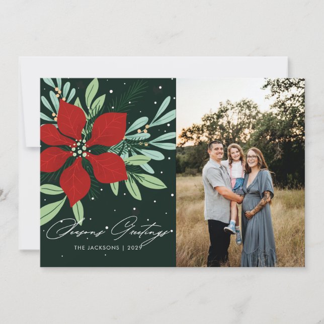 Seasons Greetings Poinsettia Christmas Design Holiday Card (Front)