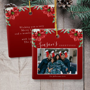 Season's Greetings Poinsettia Photo Christmas Ceramic Ornament