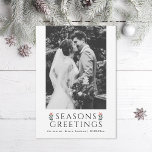 Seasons Greetings Poinsettia Photo Holiday Card<br><div class="desc">Seasons Greetings editable type with illustrated poinsettias flanking. Customise further to add more text or more photos to the back side. Also available in non foil</div>