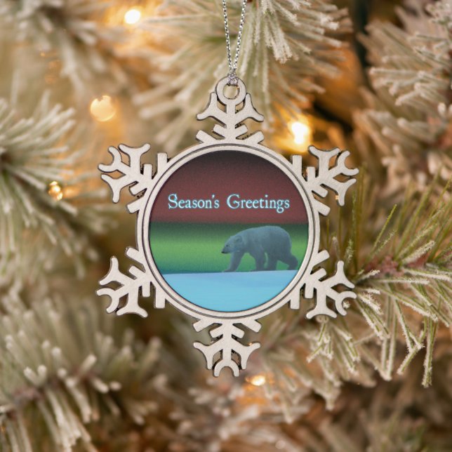 Season's Greetings - Polar Lights Polar Bear Snowflake Pewter Christmas Ornament (Tree)