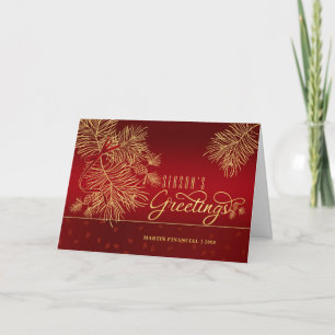Season's Greetings Red and Golden Pines with Name Holiday Card