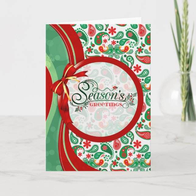 Season's Greetings Red and Green Paisley Pattern Holiday Card (Front)
