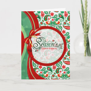 Season's Greetings Red and Green Paisley Pattern Holiday Card