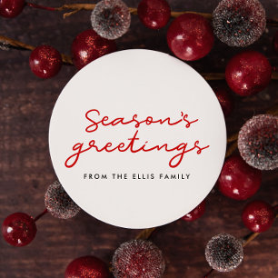 Season's Greetings red and white Minimalist Classic Round Sticker