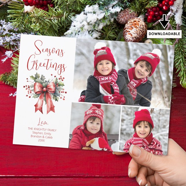 Seasons Greetings Red Bow 3 Photos Script Holiday Card (Creator Uploaded)