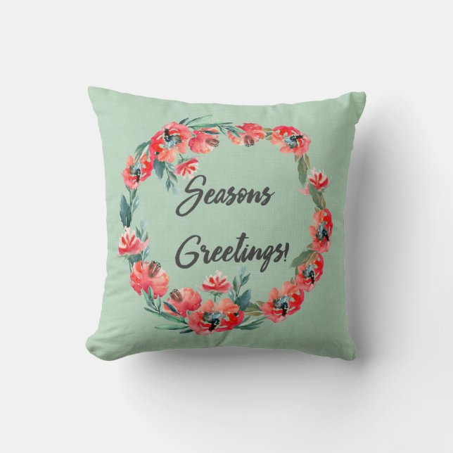 Seasons Greetings Red Floral Watercolor Wreath Cushion (Front)