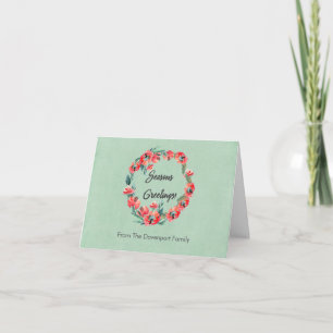 Seasons Greetings Red Floral Watercolor Wreath Holiday Card