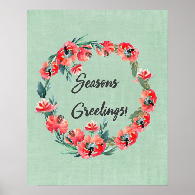 Seasons Greetings Red Floral Watercolor Wreath Poster (Front)
