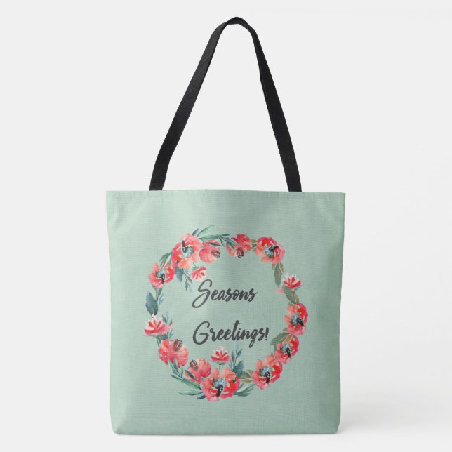 Seasons Greetings Red Floral Watercolor Wreath Tote Bag (Front)