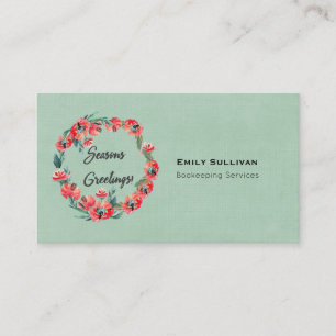 Seasons Greetings Red Floral Wreath And Retro Deer Business Card