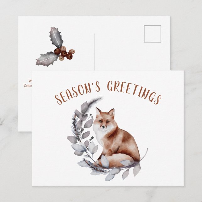 Season's Greetings Red Fox Christmas Greenery Postcard (Front/Back)