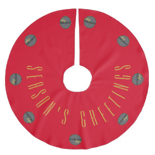 SEASONS GREETINGS RED GOLD BUSINESS LOGO TEMPLATE BRUSHED POLYESTER TREE SKIRT