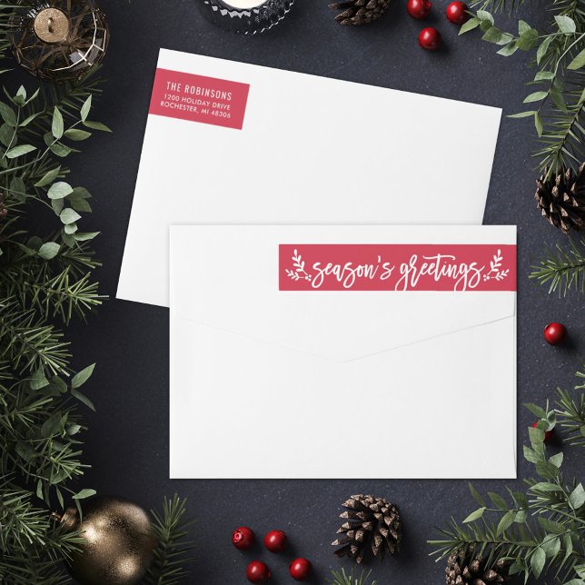 Seasons Greetings Red Modern Script Return Address Wrap Around Label (Creator Uploaded)