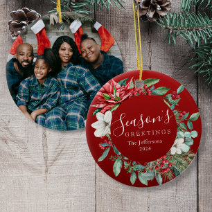 Season's Greetings Red Poinsettia Photo Christmas Ceramic Tree Decoration