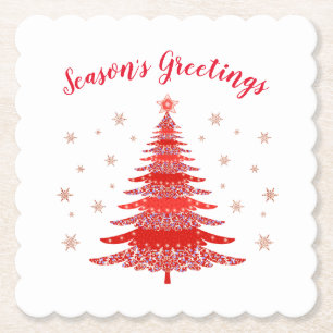 Season's Greetings Red Rose Gold Christmas Tree Paper Coaster