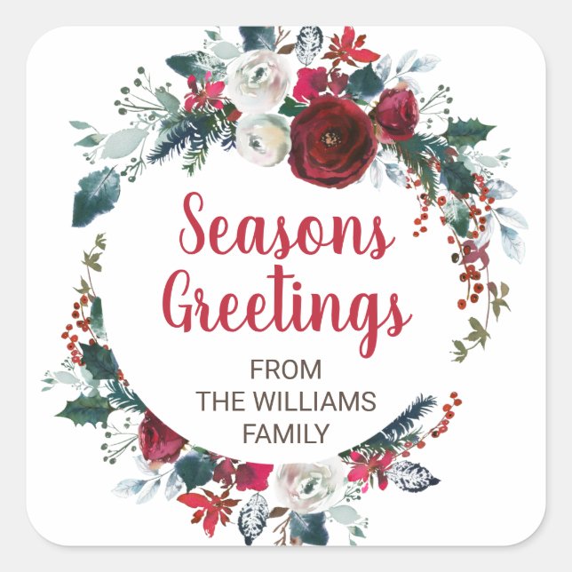 Seasons Greetings Red Rose Wreath Christmas Card Square Sticker (Front)